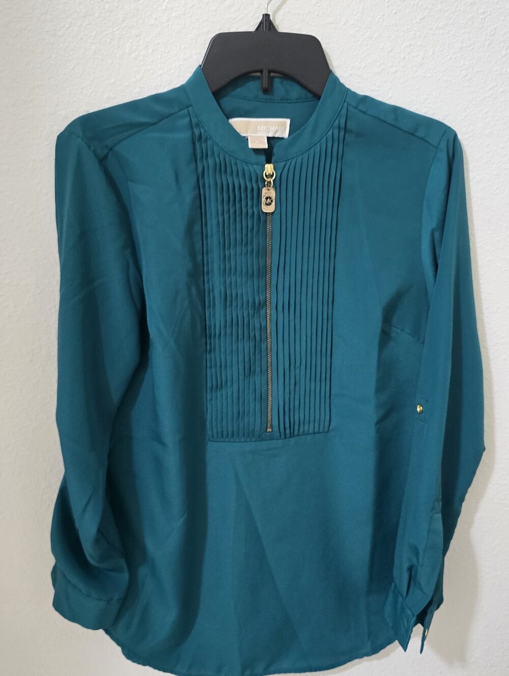 Michael Kors Teal Pintuck Zip-Front Blouse